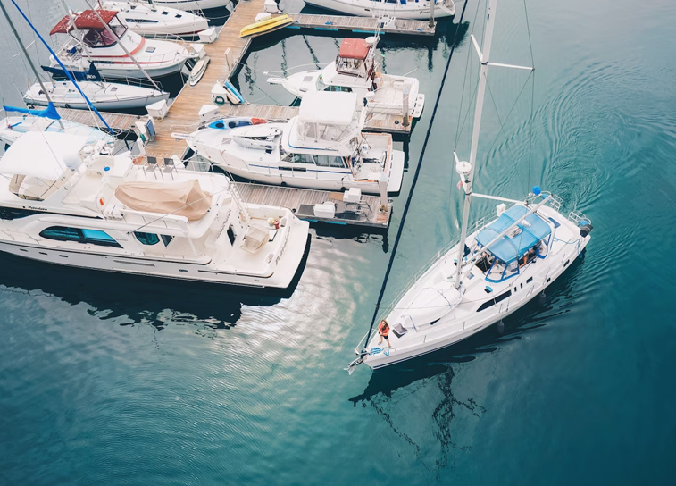 Boat that enters the boat harbor, equipped with Boat Angel device for location tracking and emergency alerts