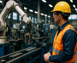 Service button Assembly line recall_ Worker in production line using the Service Button